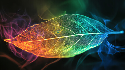 A glowing leaf showing the dual processes of transpiration and photosynthesis, vibrant water vapor and oxygen molecules interacting dynamically