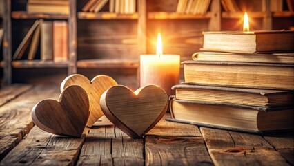Two wooden hearts on a rustic table with sunlight, surrounded by old books and candles, evoking a sense of warmth and coziness in a serene atmosphere , intimate, cozy