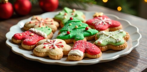 Obraz premium A colorful arrangement of assorted homemade Christmas cookies on a platter, colored, platter