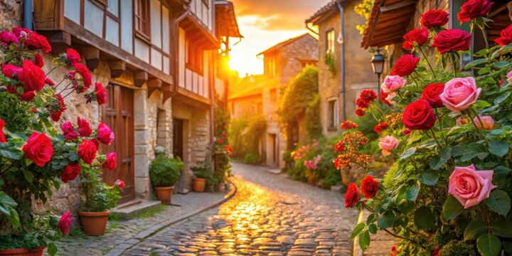 Vibrant roses in full bloom against a warm golden light on a picturesque street in Nessebar's old town with cobblestone pavement and historic buildings , bulgaria, nessebar