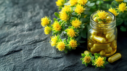 Jar of yellow capsules sits beside vibrant Rhodiola rosea flowers on dark stone surface, highlighting natural beauty and potential health benefits of this plant