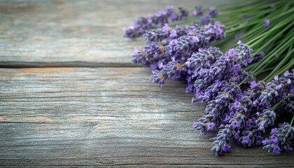 Lavender flowers on rustic wooden background create calming and serene atmosphere, perfect for relaxation and aromatherapy. vibrant purple hues contrast beautifully with aged wood texture