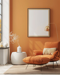 Living room interior with couch and blank photo frame on the wall, version 142