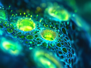 A glowing macro depiction of stomata releasing moisture and oxygen into the air, vibrant green and blue tones symbolizing life processes