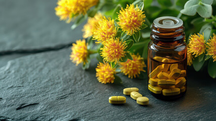 Brown glass bottle with yellow tablets is placed on dark stone surface, surrounded by vibrant Rhodiola rosea flowers, creating natural and health focused scene