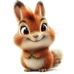 Adorable cartoon squirrel, sitting, white background, animation, children's book illustration
