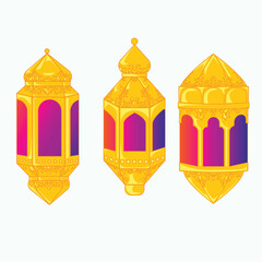 Set of three glowing golden lanterns with ornate carvings, symbolizing Ramadan warmth and elegance.