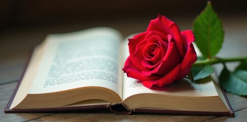A single red rose blooms on the page of an open book, its petals gently unfolding , solitary beauty, delicate petals