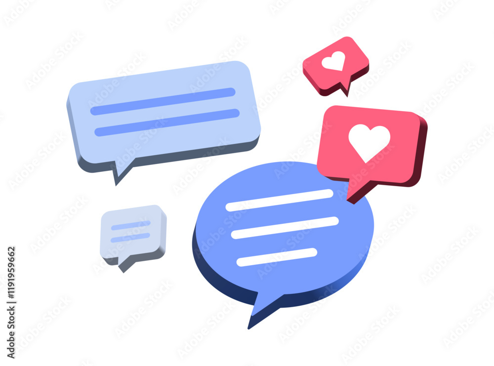 Poster 3d chat icon heart like speech bubble symbol chat message icons - talk messages love bubble chat spe
