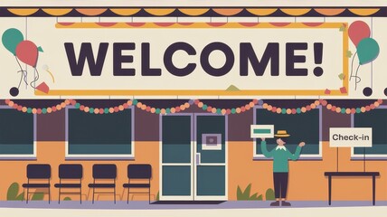 Fototapeta premium Festive Welcome Building Entrance Greets Guests Cheerfully