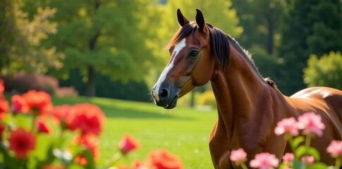 A stunning horse in a beautiful garden with flowers , flowers, outdoor decor