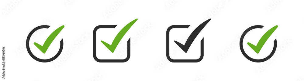 Aufkleber check box icon with correct, accept check mark icons tick box checked, check list square frame - checkbox symbol approved sign