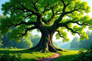 Obraz premium Ancient majestic oak tree towering above the forest floor with sprawling branches and vibrant lush green leaves, trees, forest