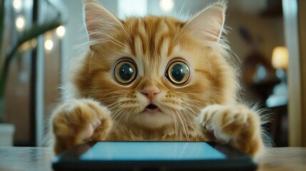 Funny fluffy cat with a surprised face, big eyes, and furiously tapping on a phone, using paw-like fingers, hilarious scene.