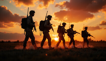 Soldiers marching at sunset
