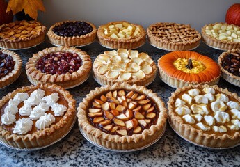 Exquisite Variety of Homemade Pies Displayed on a Marble Countertop Perfect for Fall Celebrations and Festive Gatherings Featuring Fruit, Cream, and Pumpkin Flavors