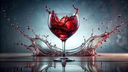 Fototapeta premium Glassy red wine reflections on a glass floor, with abstract heart splashing in the center, creating a mesmerizing visual effect , creative design , abstract art