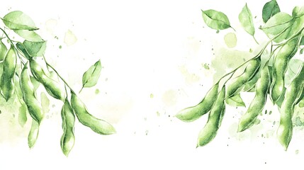 Watercolor Painting of Edamame Pods and Leaves