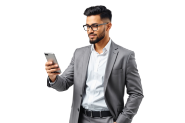 Confident businessman in suit with smartphone, isolated on transparent background