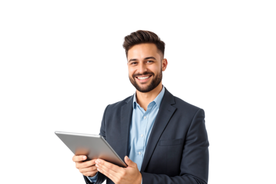 Confident businessman in suit with tablet, isolated on transparent background