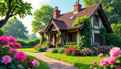 Blooming flowers surround a charming rustic cottage, rural, cottage