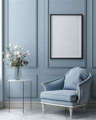 Fototapeta premium Living room interior with couch and blank photo frame on the wall, version 126