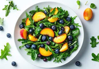 Fresh and Colorful Salad with Peaches, Blueberries, and Arugula on a White Plate, Perfect for Healthy Eating and Summer Gatherings