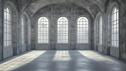 Obraz premium Sunlit industrial loft interior, arched windows, concrete floor, urban background; design, architecture