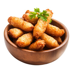  A wooden bowl containing fried chicken spring rolls, set against isolated on transparent background