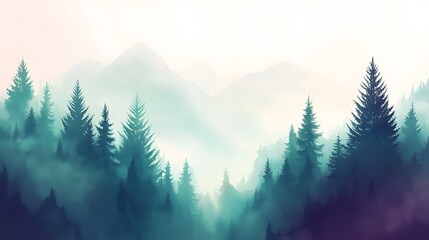 Obraz premium Misty Mountain Forest Scene With Silhouetted Trees