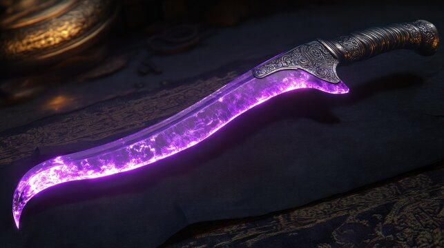 Magical keris dagger with translucent 7-curved crystal blade, edges glowing purple like faint, mystical flames.