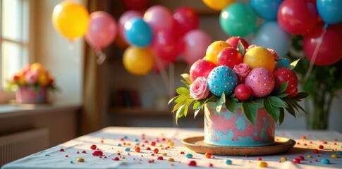 Colorful balloons filled festive party table centerpiece decoration, ribbons, table decor