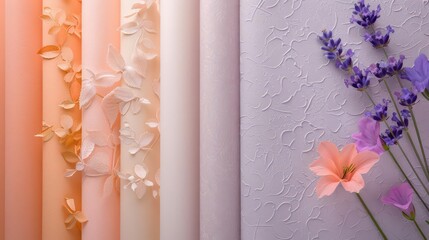 A collection of textured paper rolls with floral accents and vibrant flowers.