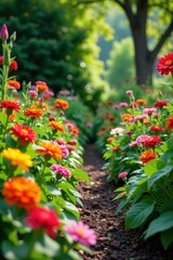 Obraz premium Colorful garden with flowers and vegetables in full bloom, colorful, garden scene