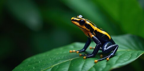 Fototapeta premium Colorful poison dart frog sitting on a rainforest leaf, vibrant red, rainforest