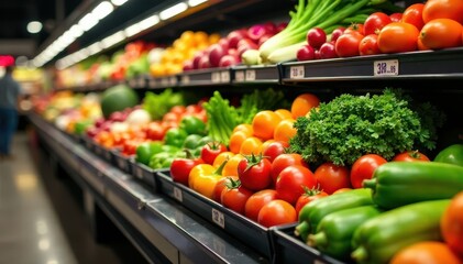 Colorful vegetables arranged in a vibrant display on a supermarket shelf, produce, display
