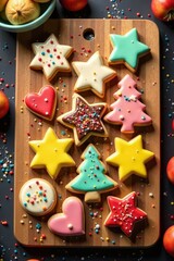 Obraz premium Cookies in various shapes and colors on a wooden cutting board, holiday treats, cookie stand