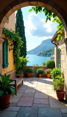 Naklejka premium Countryside Italian courtyard with Mediterranean sea view, stone floor , flowers