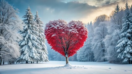 A majestic red heart-shaped tree stands alone in a snowy forest, its branches stretching towards the sky like nature's own work of art, heart shaped tree, winter wonderland