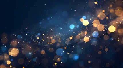 Obraz premium Elegant and festive glitter lights background in blue, gold, and black with a blurred bokeh effect.