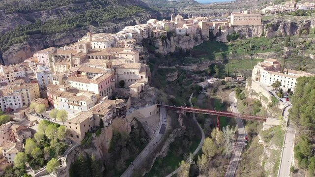 Aerial photo of Cuenca with view of medieval buildings. Castilla-La Mancha, Spain.