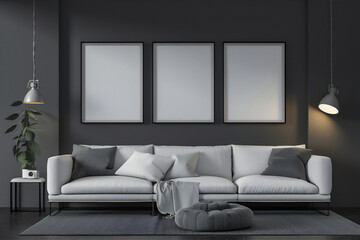 Living room interior with couch and blank photo frame on the wall, version 109