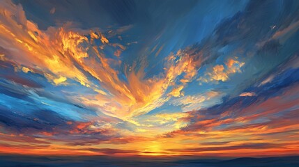 Fiery sunset sky bursts with vibrant orange blue hues dramatic cloudscape. AI Generated