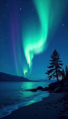 Dark Ocean with Swirling Aurora and Silhouetted Trees, aurora borealis, dark blue