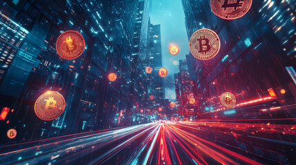 Bitcoin Cryptocurrency in a Futuristic Cyber City with Speeding Lights