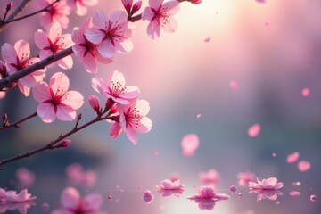 Naklejka premium Delicate cherry blossom petals float in soft morning mist , flower, outdoors
