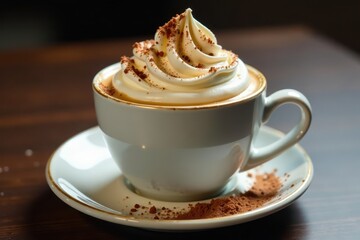 Delicate cup of coffee adorned with fluffy whipped cream and a drizzle of dark cocoa, decoration, beverage