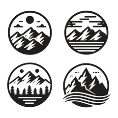 A collection of mountain landscape icons showcasing various peaks, valleys, and natural elements in a cohesive design