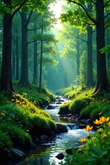 Obraz premium Dense forest with a meandering stream, surrounded by tall trees and vibrant greenery, water, trees