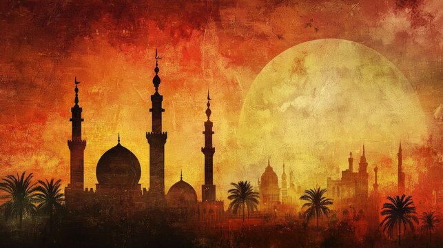 Night cityscape, mosque silhouettes, full moon, palm trees, desert background; travel poster